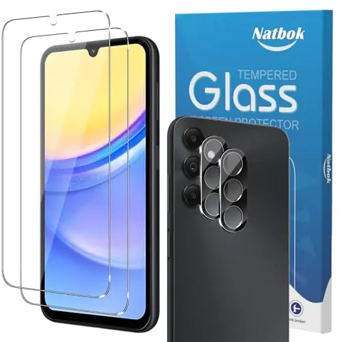 Natbok 2+2 Piezas Protector de Pantalla para Samsung Galaxy A15 4G / 5G con Protección de CámaraCristal TempladoDureza 9HAntihuellasSin BurbujasUltra Transparente Premium Vidrio Templado