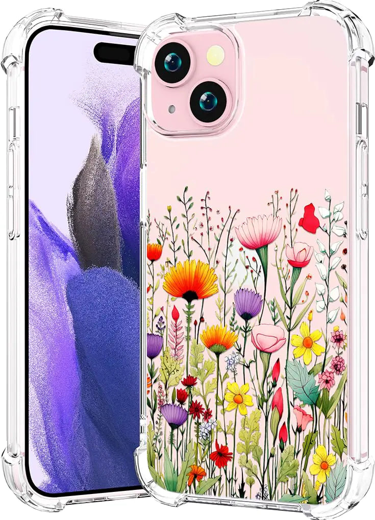 CCFUNCASE Compatible with iPhone 15 Plus Case Cute Clear for para Women - Rugged Phone Case Funda Protector Cover Skin (Florals Field Flowers Wild Print Spring)