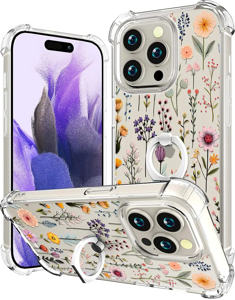 CCFUNCASE Compatible with iPhone 15 Promax Case with Kickstand Stand Ring Holder Clear Cute - Rugged Cover Case Funda Protector para 15 Pro Max (Colorful Flowers Florals Plants)