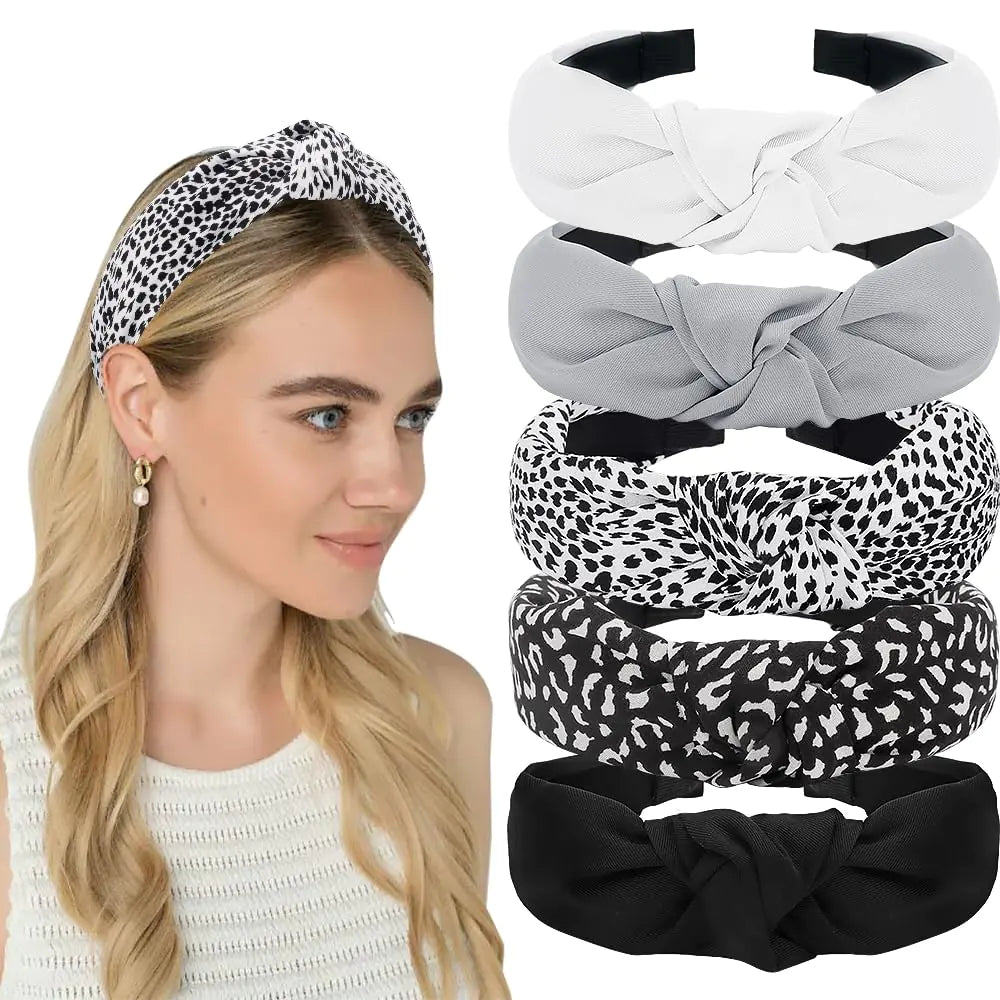 AHONEY 5 Pack Black Knotted Headbands for Women Wide Headbands for Womens Hair Top Knot Non Slip Cute Hair Accessories Leopard Print Diademas Para Mujer (Black)