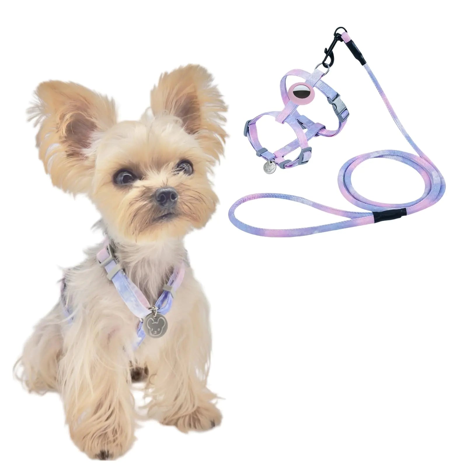 YorkieGogo No Pull Dog Harness and Leash with AirTag Holder Waterproof Tracker Case Perfect for Small Dogs Teacup Breeds and Cats Arnés para Perro (Medium Purple)