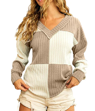 New Women's V-Neck Color Block Knitted Sweater