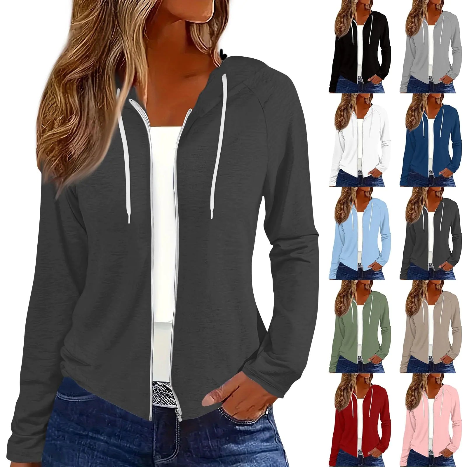 Jackets For Women Trendy Lightweight Zip Up Hoodie Coats Chamarras Para Mujer Casual Long Sleeve Tops Dressy Plus Size Blouses Comfy Sweatshirt Outerwear Fall Outfits(A BlackMedium)