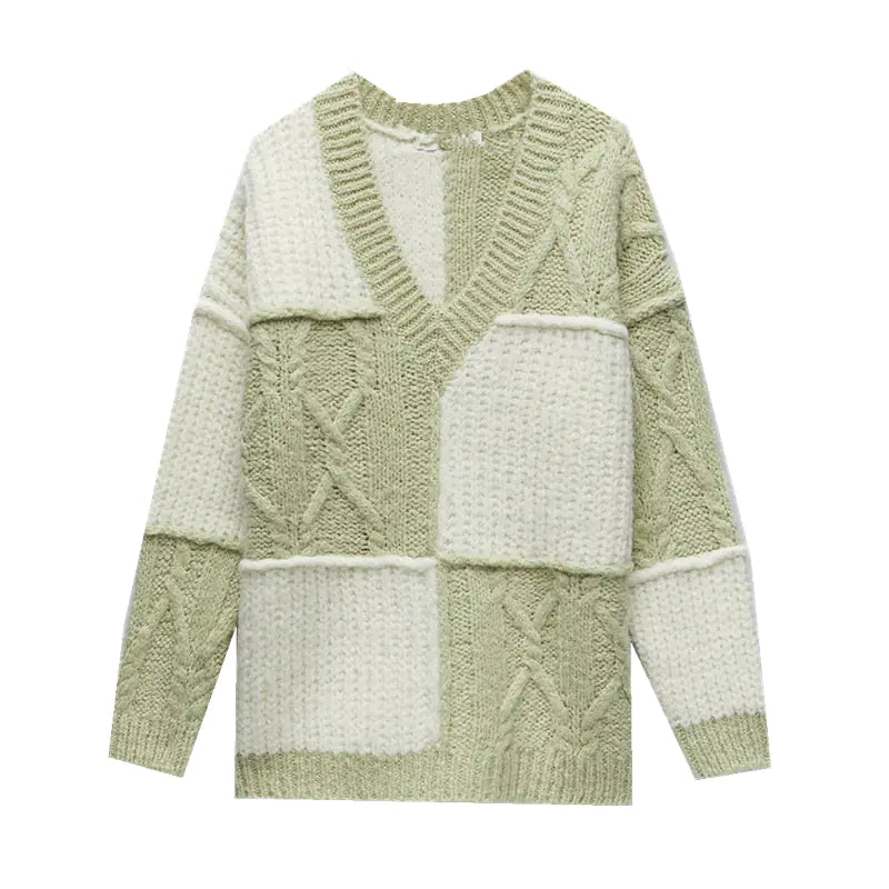 New Women's V-Neck Color Block Knitted Sweater